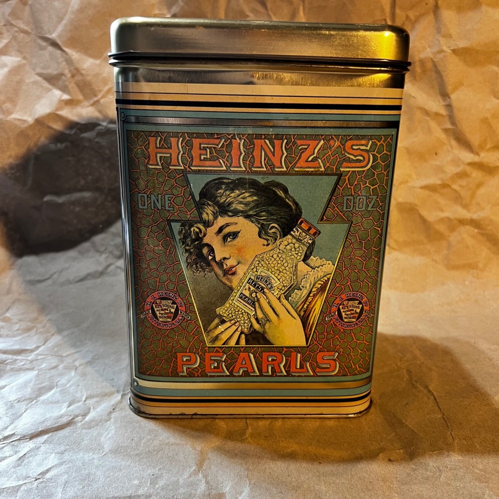 Heinz Tin Teal Orange Vintage Style Cheinco Pearls Advertising Container